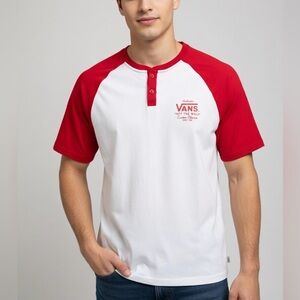 Vans Men's Short Sleeve Henley T-shirt Henley Size Medium Red & White